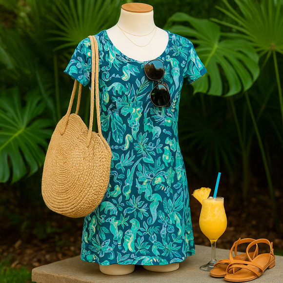 Lilly Pulitzer Beacon T-Shirt Dress Tidal Wave Blue Lemurs Print Women’s Size S - Picture 2 of 11